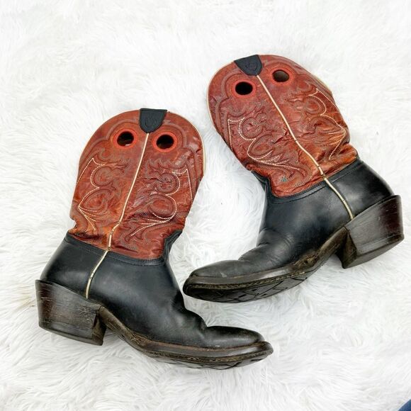 Ariat Square Toe Red & Black Embroidered Leather Western Cowboy Boots - Picture 5 of 14